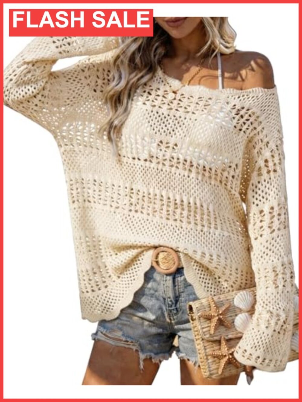 Womens Crochet Knit Sweater Beach Cover Up Bell Sleeve Top